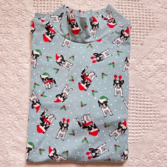 Time & Tru Turtleneck Size M Holiday Christmas French Bull Dogs With Santa Hats - Picture 6 of 6
